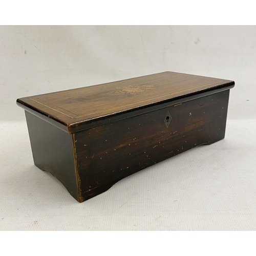 334 - Small 19th century inlaid rosewood cylinder music box, the top inlaid with floral spray, the cylinde... 