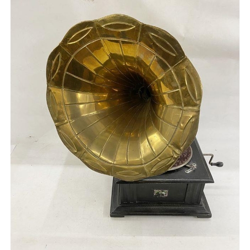 336 - Antique His Majesty's Voice table-top gramophone, ebonised base with ornate scroll and pierced nicke... 