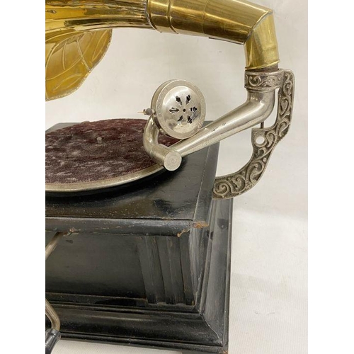 336 - Antique His Majesty's Voice table-top gramophone, ebonised base with ornate scroll and pierced nicke... 