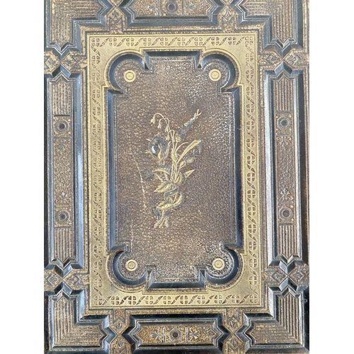 342 - Victorian photograph album music box, pages floral decorated containing Victorian portraits (cover m... 