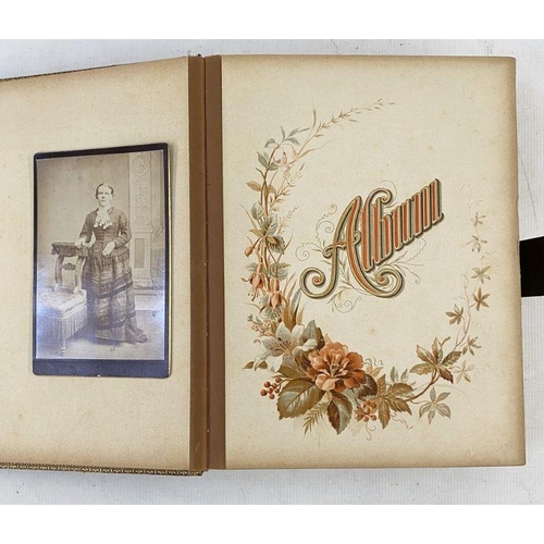 342 - Victorian photograph album music box, pages floral decorated containing Victorian portraits (cover m... 