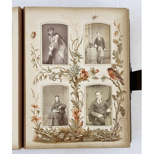 342 - Victorian photograph album music box, pages floral decorated containing Victorian portraits (cover m... 