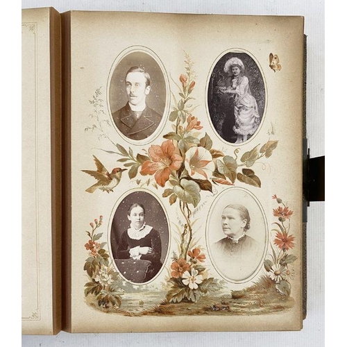 342 - Victorian photograph album music box, pages floral decorated containing Victorian portraits (cover m... 