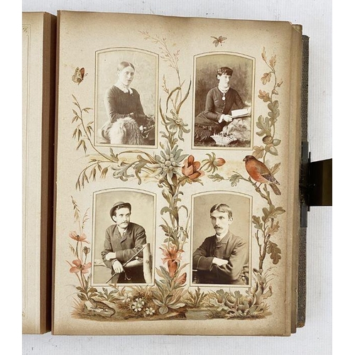 342 - Victorian photograph album music box, pages floral decorated containing Victorian portraits (cover m... 