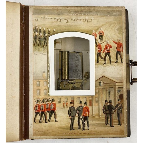 343 - Victorian 'The British Army Album' music box, the pages with chromolithographs of the army at variou... 