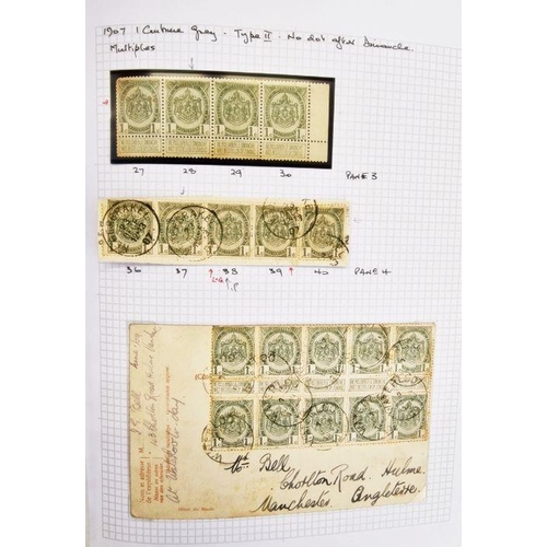 39 - Belgium: written up 1907 armoiries du royaume issue of 1c, 3c and 5c values, mint and used in green ... 