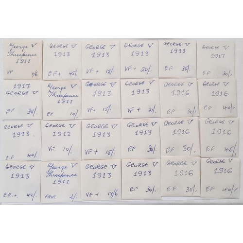 71 - Collection of silver 3d containing 74 pre 20 and 23, pre 47, various grades, in handwritten envelope