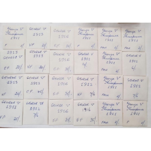 71 - Collection of silver 3d containing 74 pre 20 and 23, pre 47, various grades, in handwritten envelope