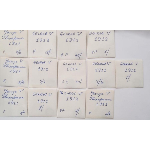 71 - Collection of silver 3d containing 74 pre 20 and 23, pre 47, various grades, in handwritten envelope