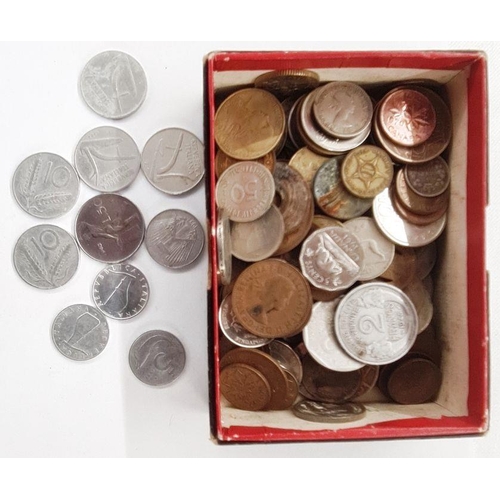 72 - Box of mixed World coins including four nickel £5 coins, three US paper dollars, partly completed Wh... 