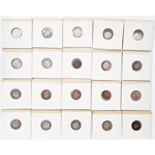 73 - Collection of silver 3d containing 82 coins, majority Victorian, some '20', pre 47, various grades