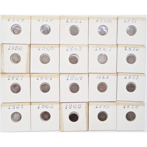 73 - Collection of silver 3d containing 82 coins, majority Victorian, some '20', pre 47, various grades