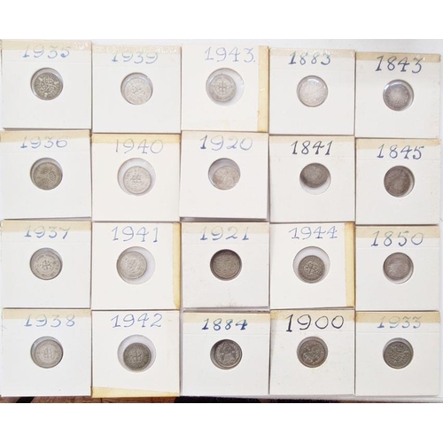 73 - Collection of silver 3d containing 82 coins, majority Victorian, some '20', pre 47, various grades