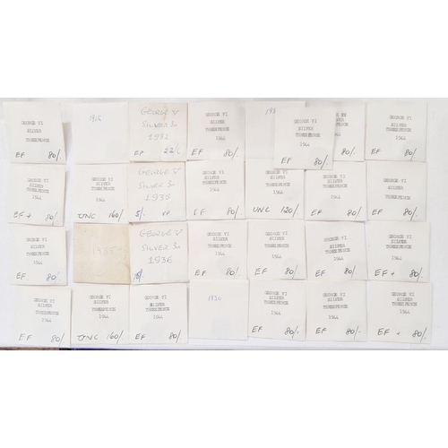 75 - 53 3d of George V, pre 47 silver, in various grades (poor to vf) in handwritten envelopes by collect... 