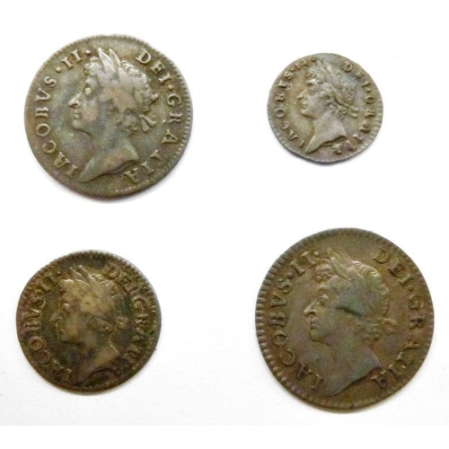 76 - James II Maundy coins (four), 4p 1687/6, grade good F/VF with clear over date, 3d 1687 good fine, 2d... 