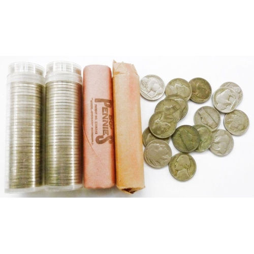 79 - American tubes of coins consisting of two 5 cents tubes of 40 coins in each, two Lincoln pennies unw... 