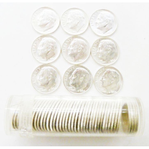 80 - Tube of 50 1964 silver 'Roosevelt' dimes, all uncirculated