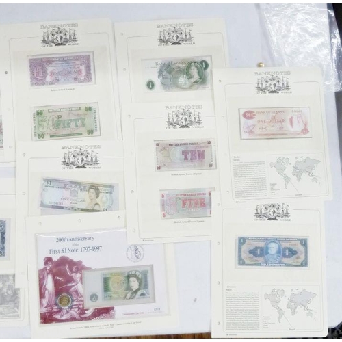 95 - Folder of banknotes, eight world notes from Australia, seven Britain Armed Forces from £5 to 5p, two... 