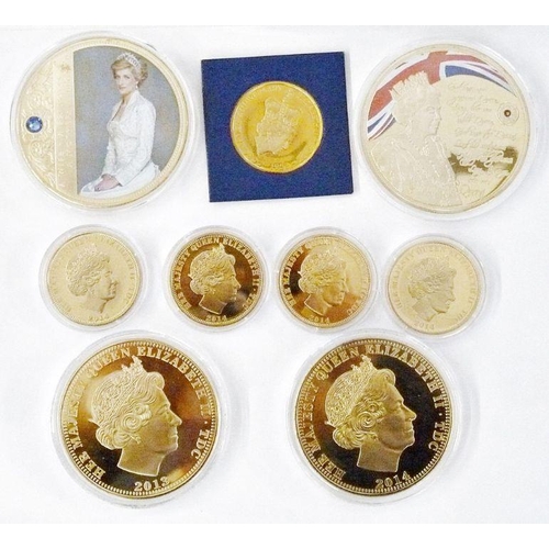 100 - Selection of Royal Family commemorative medallions and coins (nine), mostly copper with gold gilt