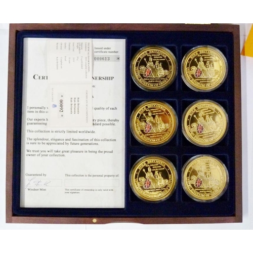 109 - Collection of presentation sets (five) of copper gilt medallions to comprise of Rule Britannia (six)... 