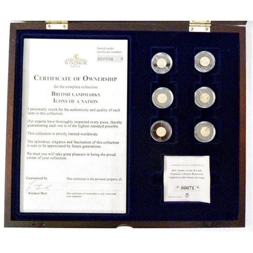 114 - Box set of six landmark icons of a nation, each coin stuck to 14ct gold and weighing 0.5g