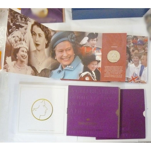 115 - Brilliant uncirculated coins to include 2003 £5 (three), 2002 coronation golden jubilee £5 (two tins... 