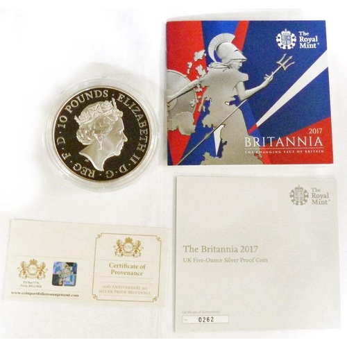 116 - The Britannia 2017 5oz silver proof in original box and certificate from the Royal Mint, coin FDC an... 