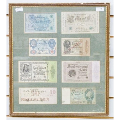 118 - Framed banknotes, Reichs banknote 100 mark, 1000 mark, 50 million mark etc (8)