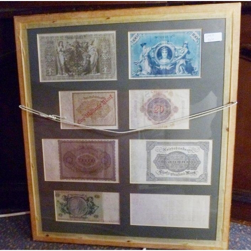 118 - Framed banknotes, Reichs banknote 100 mark, 1000 mark, 50 million mark etc (8)