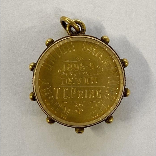 148 - *WITHDRAWN* Victorian rugby medallion in 15ct gold pendant mount 'Rugby Union Championship 1898-99 D... 