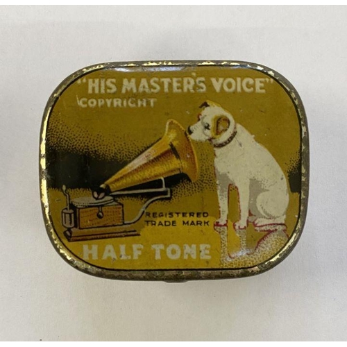 150 - Cased compass and His Master's Voice tin of needles (2)