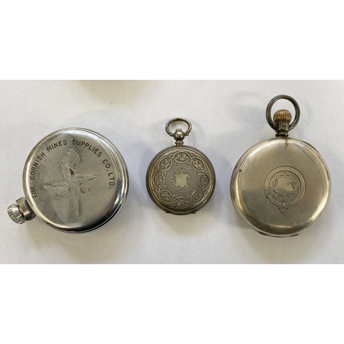 157 - Three silver watches, W.E. Watts Ltd., Nottingham, English lever in working order, lady's silver fob... 