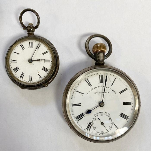 157 - Three silver watches, W.E. Watts Ltd., Nottingham, English lever in working order, lady's silver fob... 