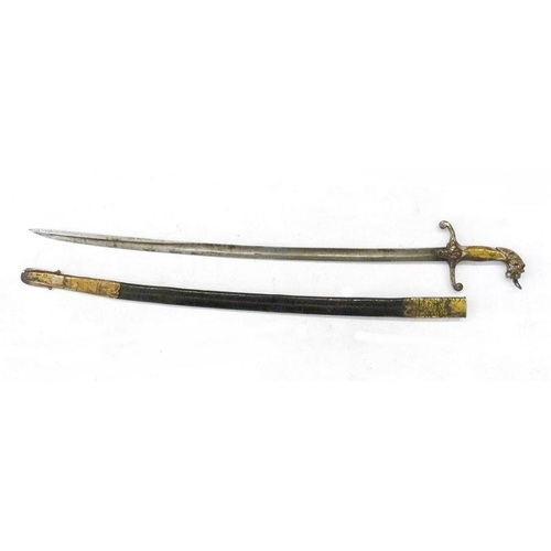 167 - 19th century presentation Mameluke sword, with lion's head pommel, brass hilt and fullered blade, le... 