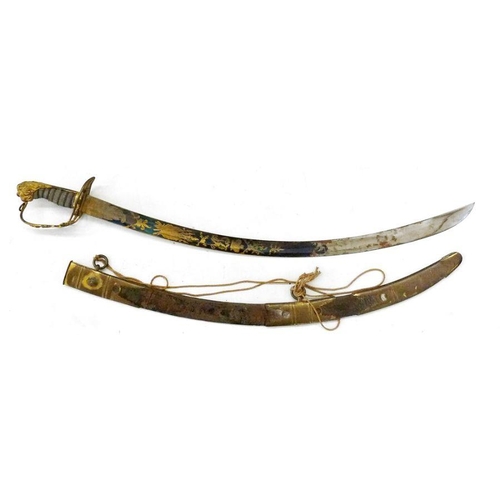 168 - 1803 pattern officer's sabre with ornate gilt engraved blued blade, pierced brass hand guard and sha... 