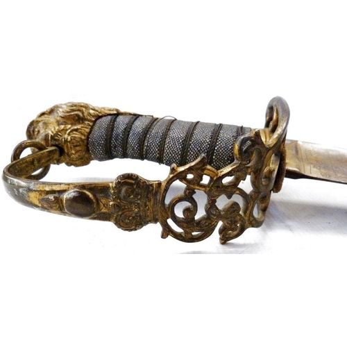 168 - 1803 pattern officer's sabre with ornate gilt engraved blued blade, pierced brass hand guard and sha... 