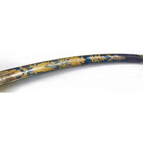 168 - 1803 pattern officer's sabre with ornate gilt engraved blued blade, pierced brass hand guard and sha... 