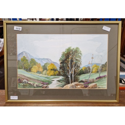 369 - Joan Avery
 Watercolour
 Landscape with sheep, signed lower, framed and glazed, together with assort... 