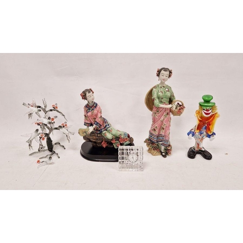 35 - Murano Glass clown figure, Italian glass tree model with flowers and birds, a Waterford glass clock ... 