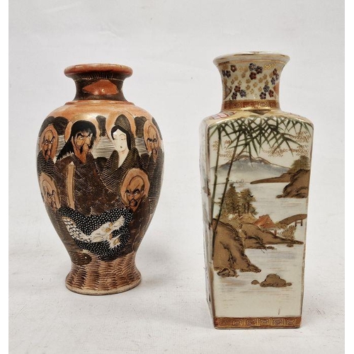 75 - Japanese Satsuma earthenware square vase with tapering body, figures in a lakeside landscape, 18.5cm... 