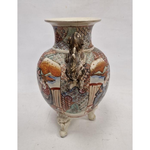 79 - Large Japanese Satsuma earthenware koro, the raised vase with pair gilt dog handles, the body painte... 