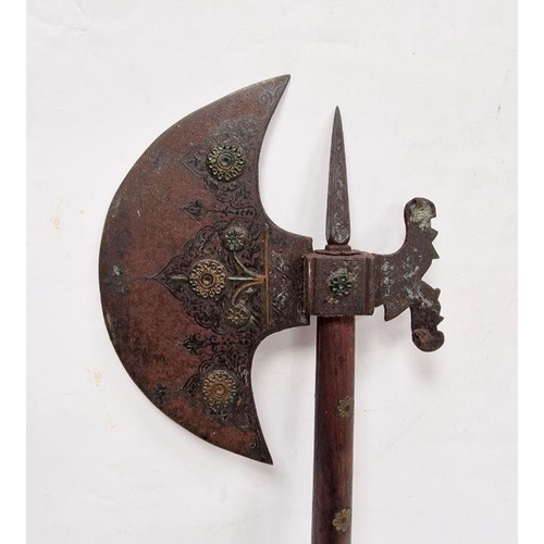 111 - Indian/Persian axe, flowerhead embossed with embossed and damascened blade, 25cm long