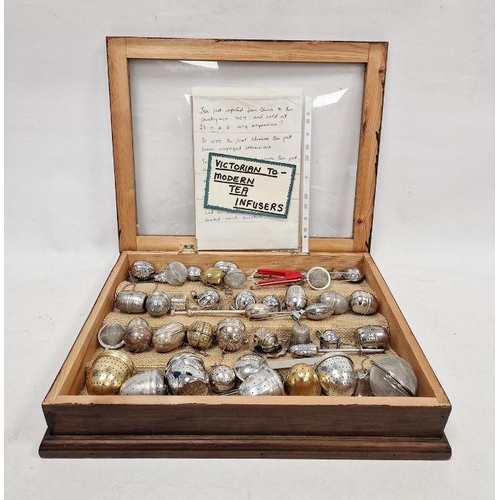 113 - Collection of tea infusers, mainly stainless steel, from the 20th century, in a fitted box