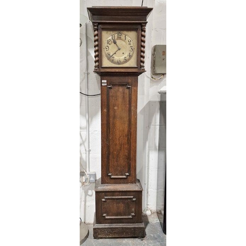 1239 - Edwardian oak grandfather clock with beaten copper dial, Arabic numerals, 186cm high