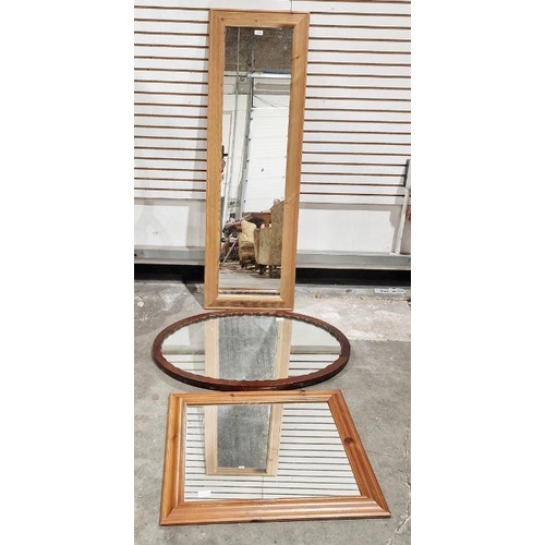 1244 - Modern pine rectangular wall mirror, 135cm x 43cm and two other mirrors (3)