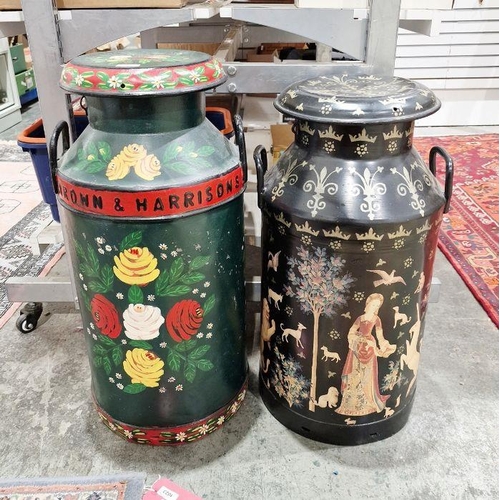 125 - Two milk churns, barge ware, one green ground with painted yellow, red and pale pink roses and daisi... 