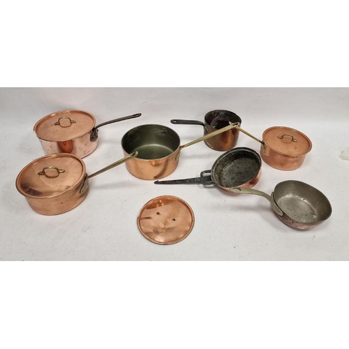 140 - Seven various vintage copper saucepans, one marked 'Made in France', another marked 'Elkington' and ... 