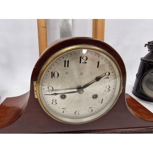 141 - Pair of carriage lanterns, a piano tuning block marked 'N J Smale' and a mid 20th century clock, Nap... 