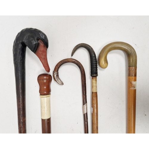 149 - Assorted walking sticks, one with a carved mallard head, another with a sheep horn (5)