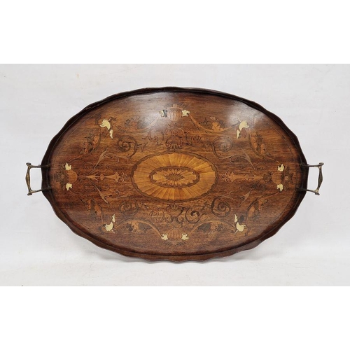 151 - Large mahogany marquetry inlaid tray with piecrust rim and brass carry handles